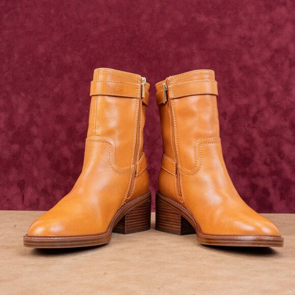 Vince Camuto Women Vergila Caramel Leather Moto Biker Chunky Boots Size 8.5 - Picture 2 of 8